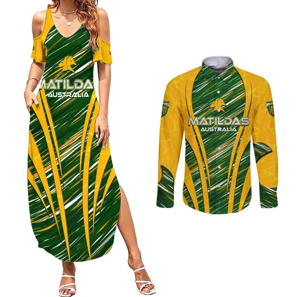 Personalised Australia Matildas Couples Matching Summer Maxi Dress and Long Sleeve Button Shirt Abstract Line