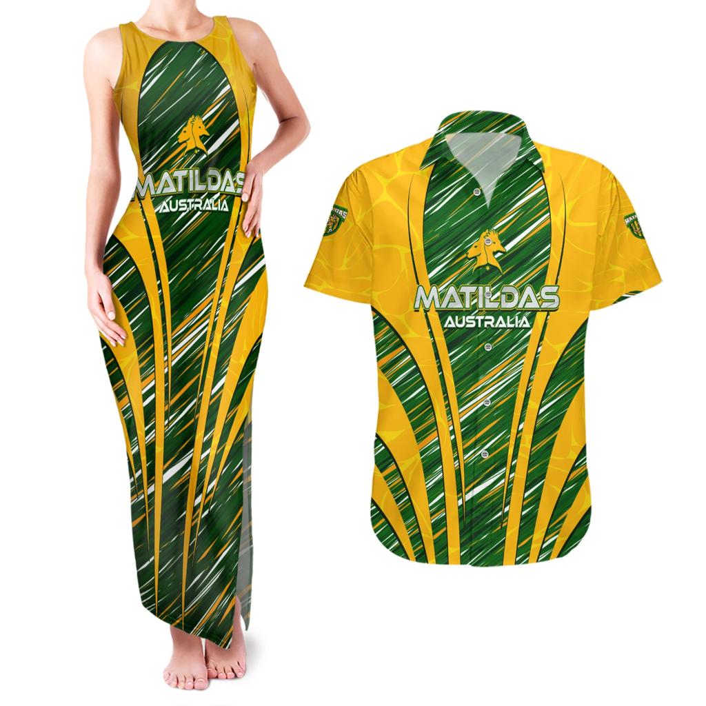 Personalised Australia Matildas Couples Matching Tank Maxi Dress and Hawaiian Shirt Abstract Line