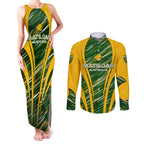 Personalised Australia Matildas Couples Matching Tank Maxi Dress and Long Sleeve Button Shirt Abstract Line