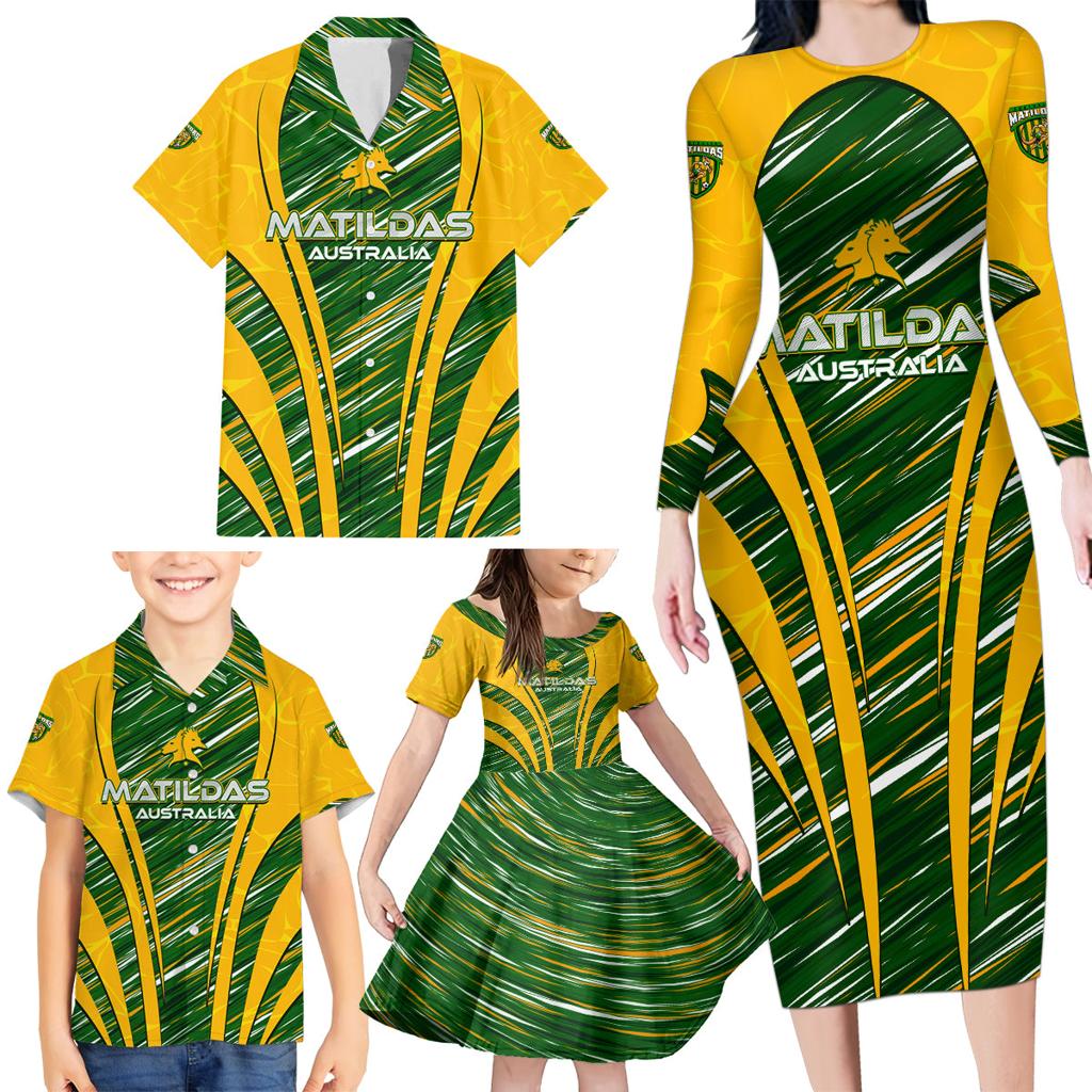 Personalised Australia Matildas Family Matching Long Sleeve Bodycon Dress and Hawaiian Shirt Abstract Line