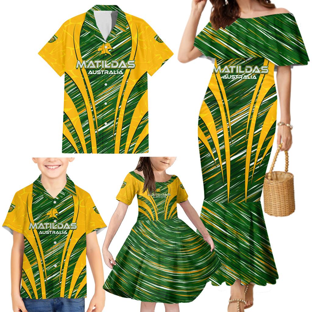 Personalised Australia Matildas Family Matching Mermaid Dress and Hawaiian Shirt Abstract Line