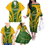 Personalised Australia Matildas Family Matching Off The Shoulder Long Sleeve Dress and Hawaiian Shirt Abstract Line