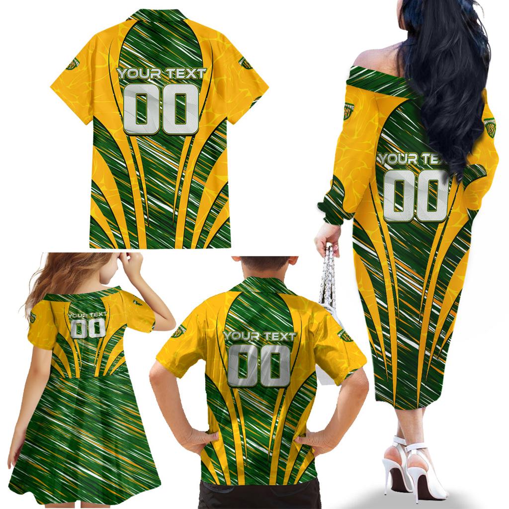 Personalised Australia Matildas Family Matching Off The Shoulder Long Sleeve Dress and Hawaiian Shirt Abstract Line