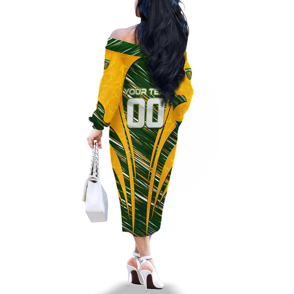 Personalised Australia Matildas Family Matching Off The Shoulder Long Sleeve Dress and Hawaiian Shirt Abstract Line