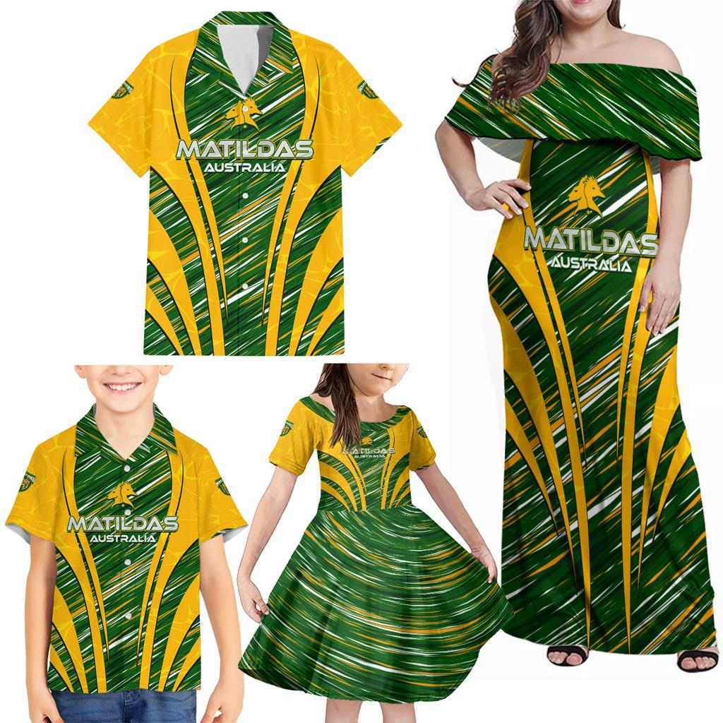 Personalised Australia Matildas Family Matching Off Shoulder Maxi Dress and Hawaiian Shirt Abstract Line