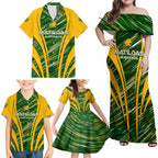 Personalised Australia Matildas Family Matching Off Shoulder Maxi Dress and Hawaiian Shirt Abstract Line