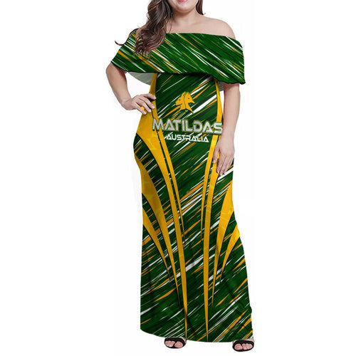 Personalised Australia Matildas Family Matching Off Shoulder Maxi Dress and Hawaiian Shirt Abstract Line