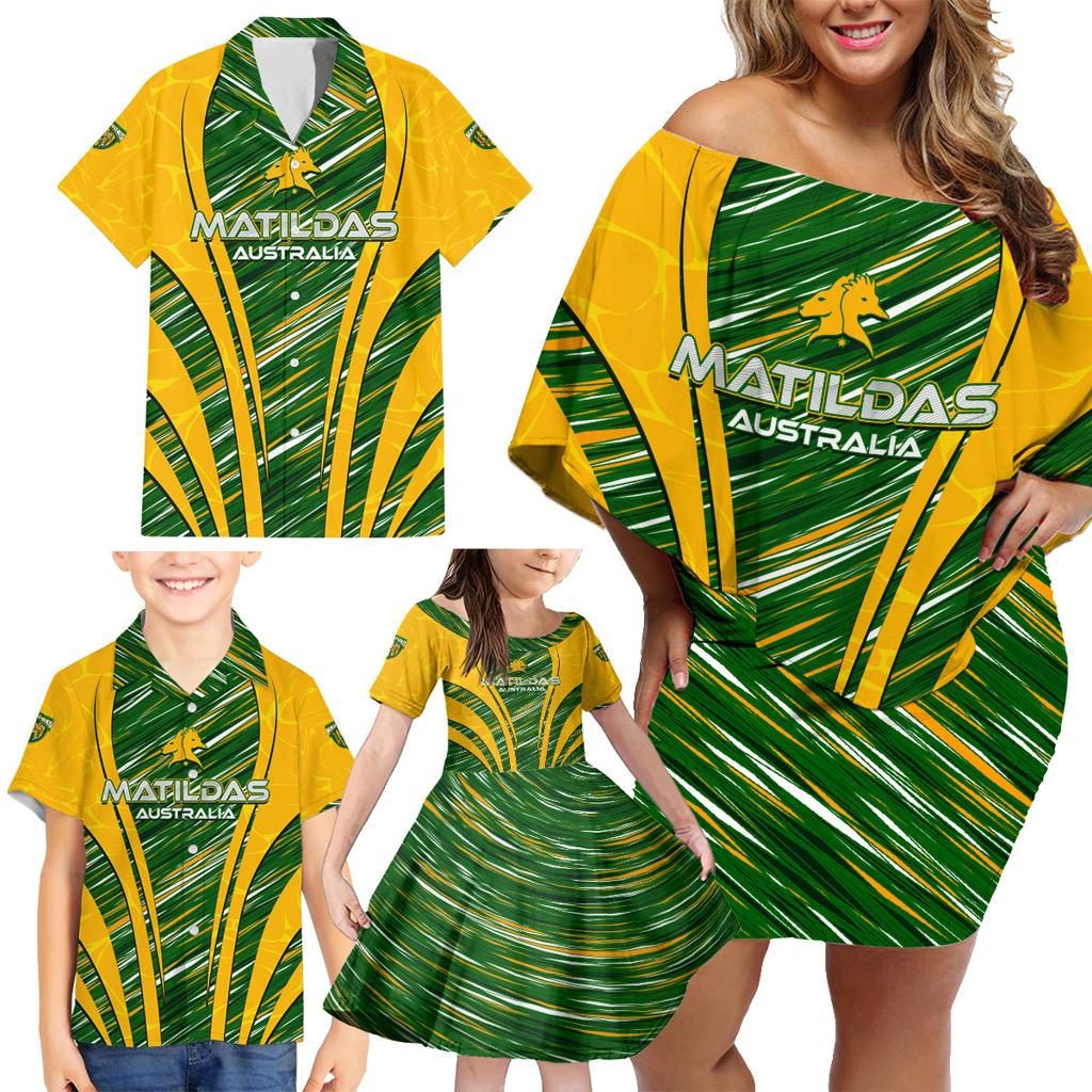 Personalised Australia Matildas Family Matching Off Shoulder Short Dress and Hawaiian Shirt Abstract Line