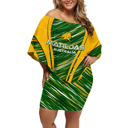 Personalised Australia Matildas Family Matching Off Shoulder Short Dress and Hawaiian Shirt Abstract Line