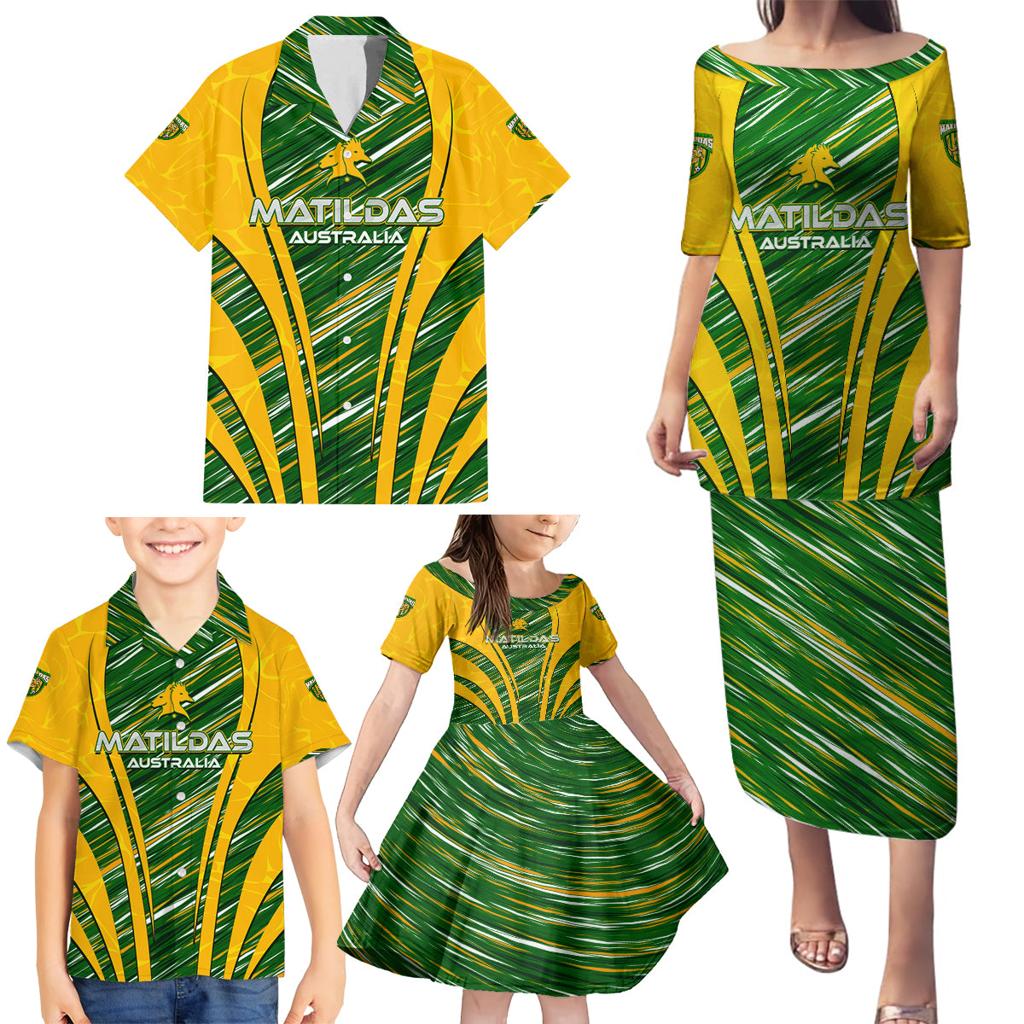 Personalised Australia Matildas Family Matching Puletasi and Hawaiian Shirt Abstract Line