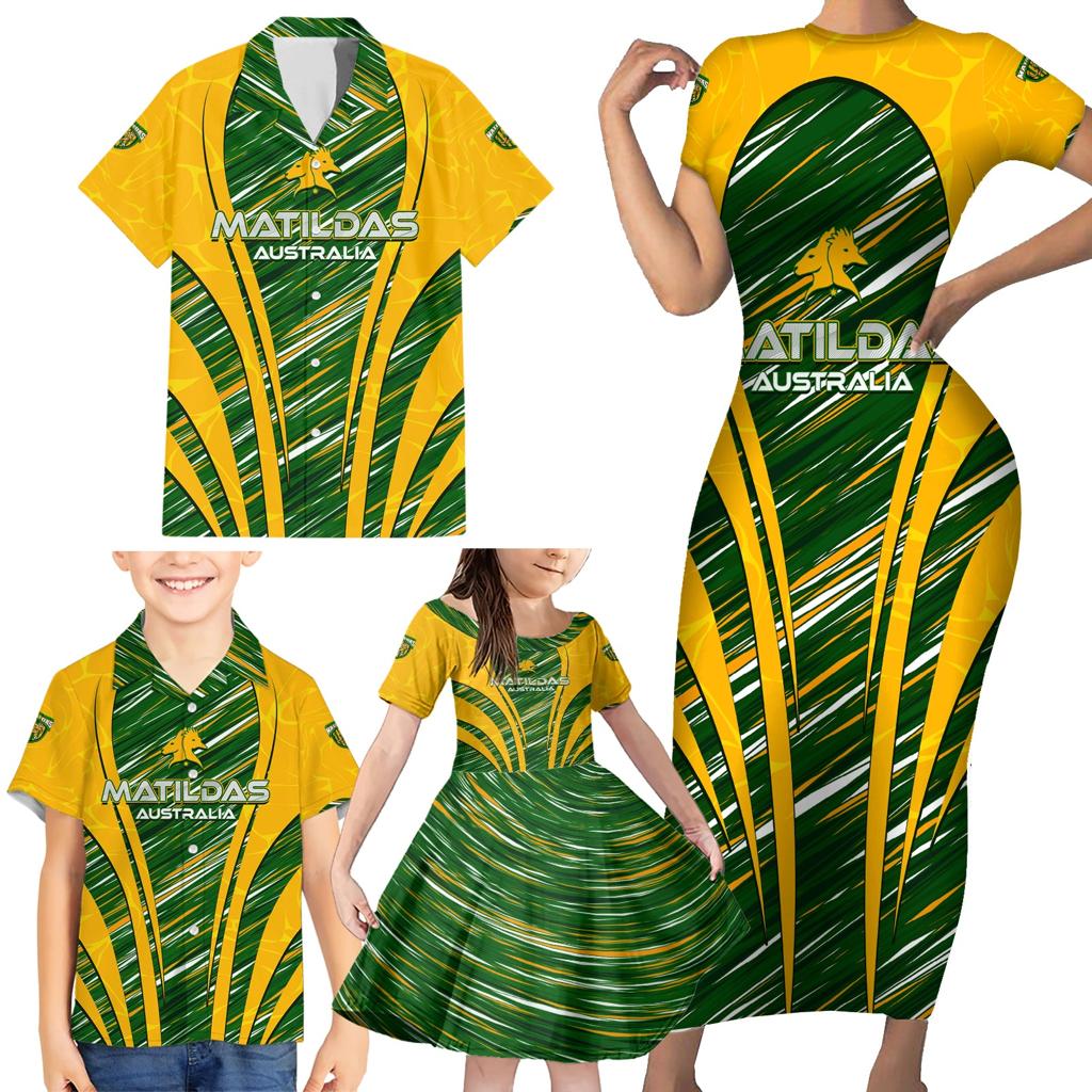 Personalised Australia Matildas Family Matching Short Sleeve Bodycon Dress and Hawaiian Shirt Abstract Line