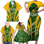 Personalised Australia Matildas Family Matching Short Sleeve Bodycon Dress and Hawaiian Shirt Abstract Line