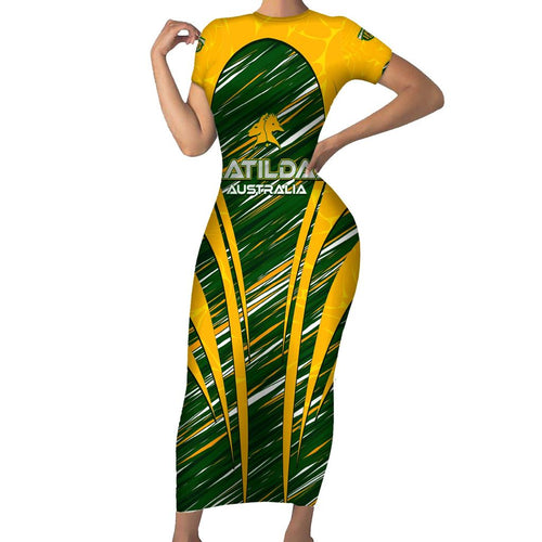 Personalised Australia Matildas Family Matching Short Sleeve Bodycon Dress and Hawaiian Shirt Abstract Line