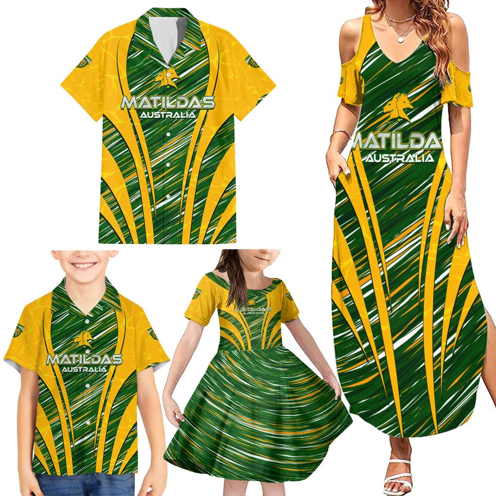 Personalised Australia Matildas Family Matching Summer Maxi Dress and Hawaiian Shirt Abstract Line