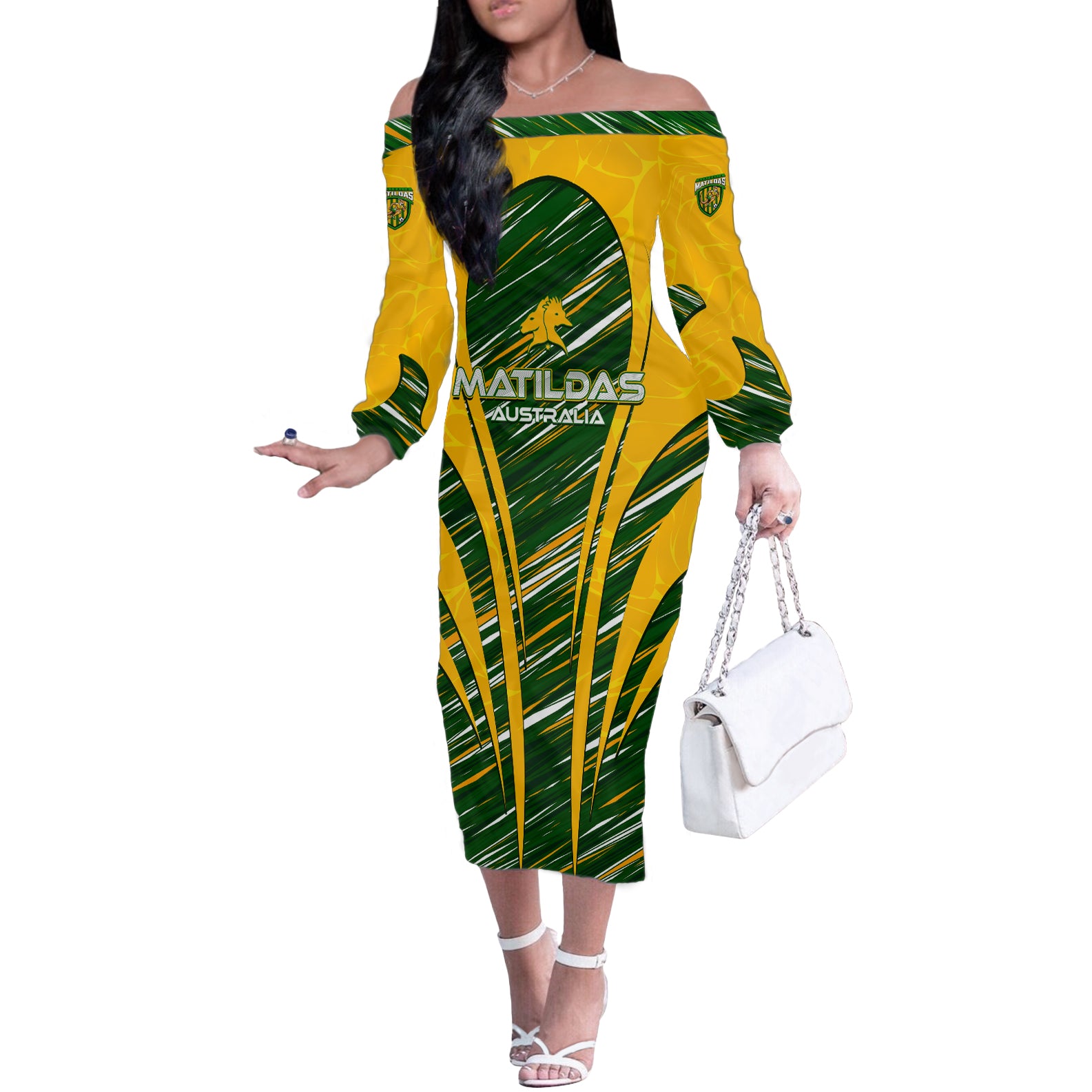 Personalised Australia Matildas Off The Shoulder Long Sleeve Dress Abstract Line
