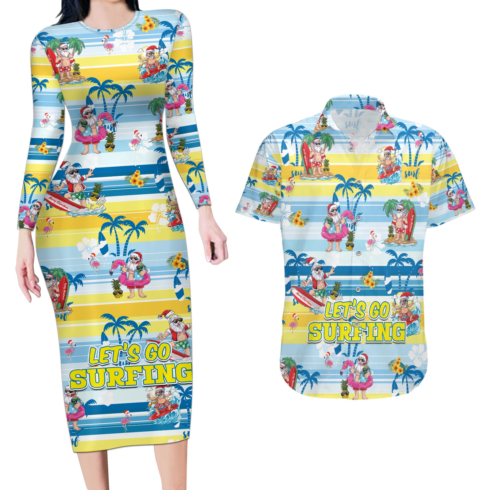 surfing-christmas-couples-matching-long-sleeve-bodycon-dress-and-hawaiian-shirt-tropical-santa-lets-go-surfing