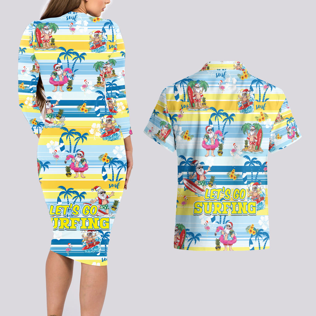 surfing-christmas-couples-matching-long-sleeve-bodycon-dress-and-hawaiian-shirt-tropical-santa-lets-go-surfing