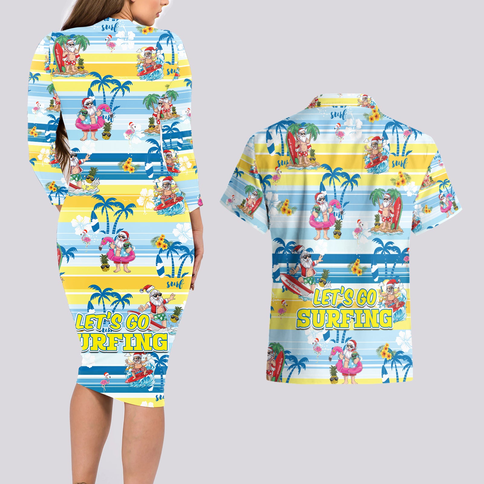 surfing-christmas-couples-matching-long-sleeve-bodycon-dress-and-hawaiian-shirt-tropical-santa-lets-go-surfing