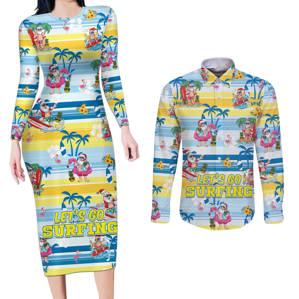 surfing-christmas-couples-matching-long-sleeve-bodycon-dress-and-long-sleeve-button-shirt-tropical-santa-lets-go-surfing