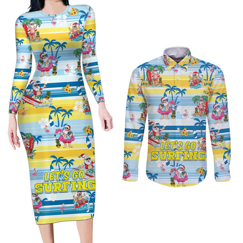 surfing-christmas-couples-matching-long-sleeve-bodycon-dress-and-long-sleeve-button-shirt-tropical-santa-lets-go-surfing
