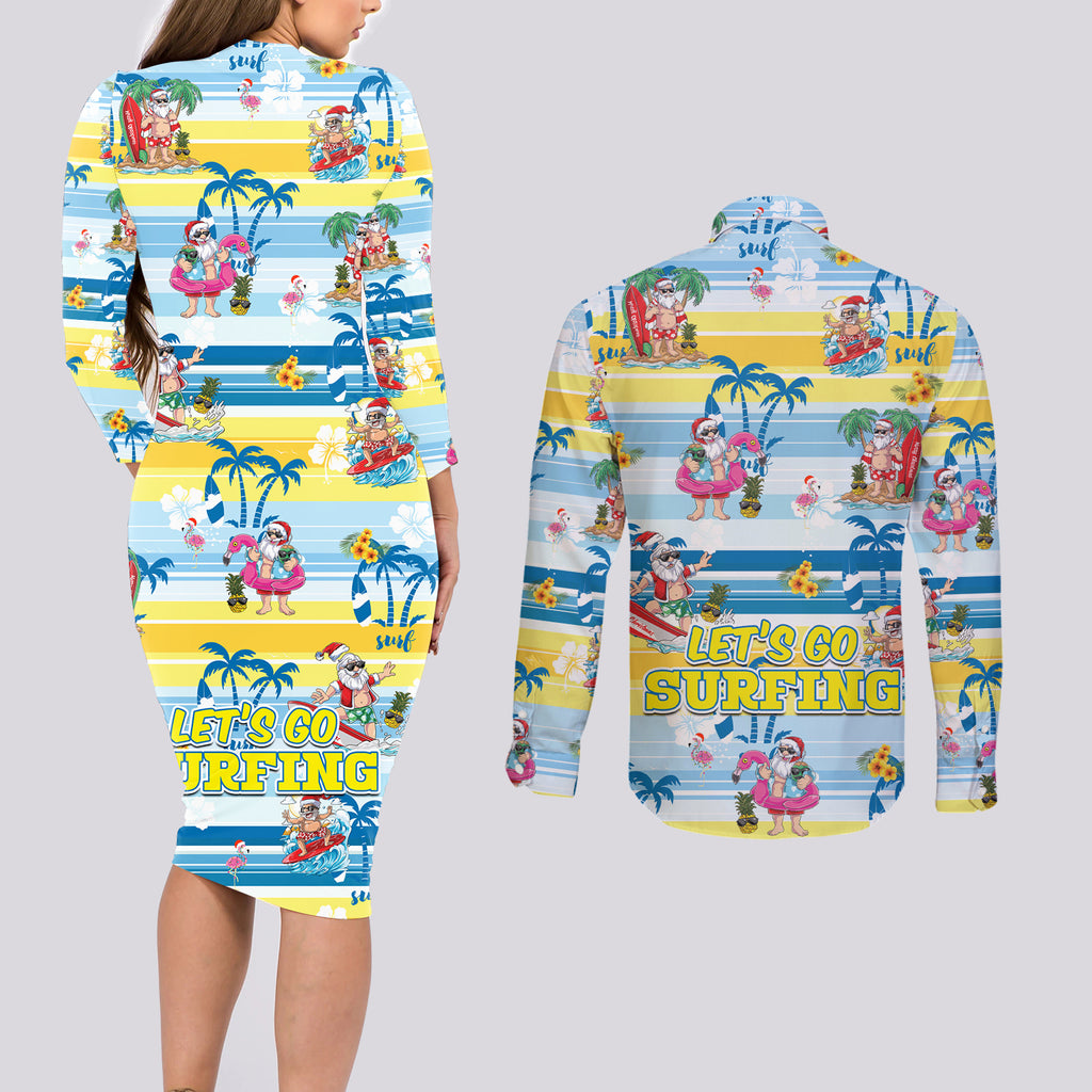 surfing-christmas-couples-matching-long-sleeve-bodycon-dress-and-long-sleeve-button-shirt-tropical-santa-lets-go-surfing