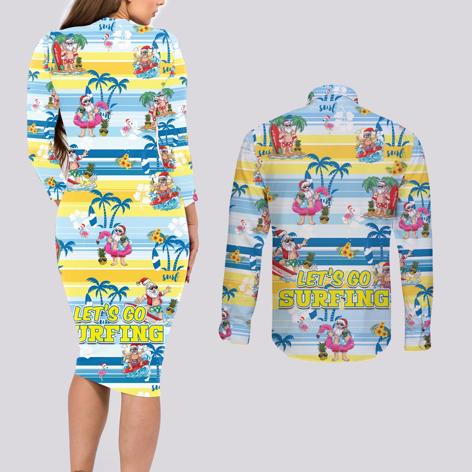 surfing-christmas-couples-matching-long-sleeve-bodycon-dress-and-long-sleeve-button-shirt-tropical-santa-lets-go-surfing