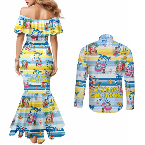 surfing-christmas-couples-matching-mermaid-dress-and-long-sleeve-button-shirt-tropical-santa-lets-go-surfing