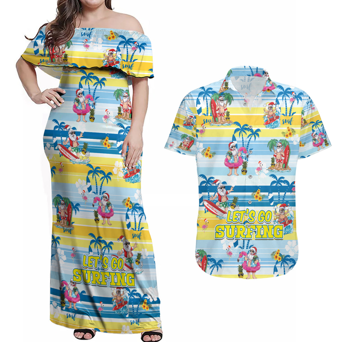 surfing-christmas-couples-matching-off-shoulder-maxi-dress-and-hawaiian-shirt-tropical-santa-lets-go-surfing