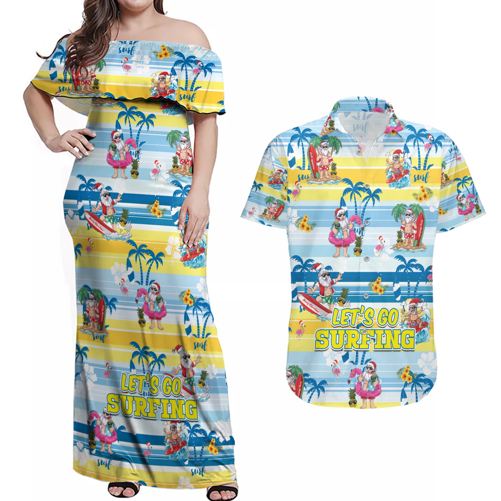 surfing-christmas-couples-matching-off-shoulder-maxi-dress-and-hawaiian-shirt-tropical-santa-lets-go-surfing