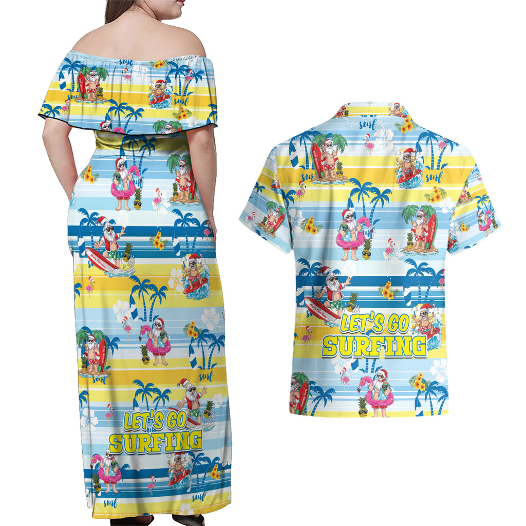 surfing-christmas-couples-matching-off-shoulder-maxi-dress-and-hawaiian-shirt-tropical-santa-lets-go-surfing