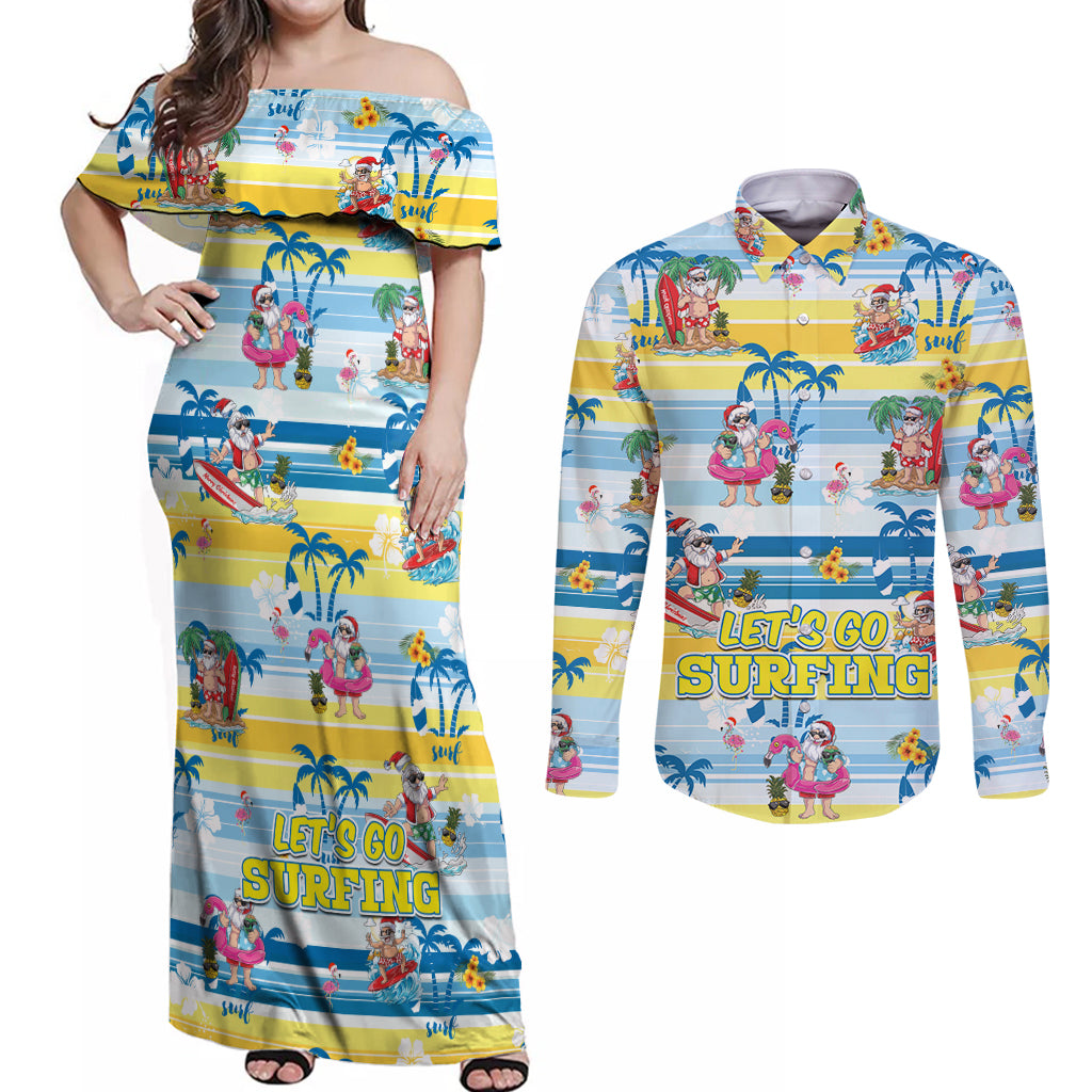 surfing-christmas-couples-matching-off-shoulder-maxi-dress-and-long-sleeve-button-shirt-tropical-santa-lets-go-surfing