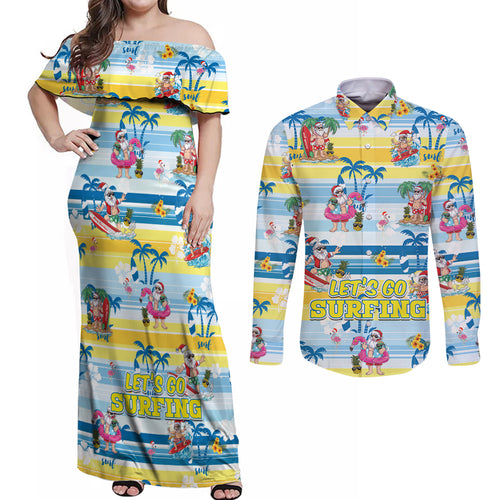 surfing-christmas-couples-matching-off-shoulder-maxi-dress-and-long-sleeve-button-shirt-tropical-santa-lets-go-surfing