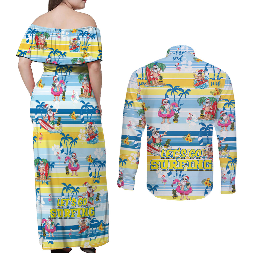 surfing-christmas-couples-matching-off-shoulder-maxi-dress-and-long-sleeve-button-shirt-tropical-santa-lets-go-surfing