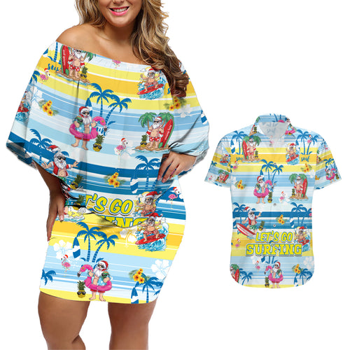 surfing-christmas-couples-matching-off-shoulder-short-dress-and-hawaiian-shirt-tropical-santa-lets-go-surfing