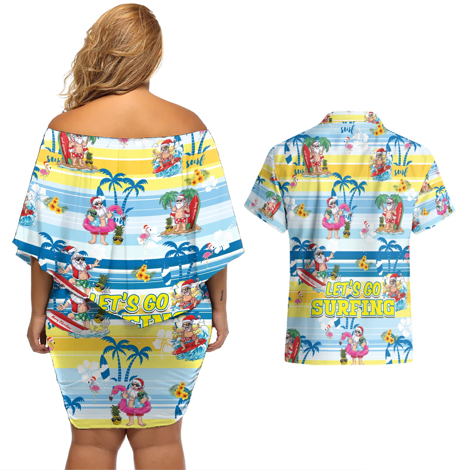 surfing-christmas-couples-matching-off-shoulder-short-dress-and-hawaiian-shirt-tropical-santa-lets-go-surfing