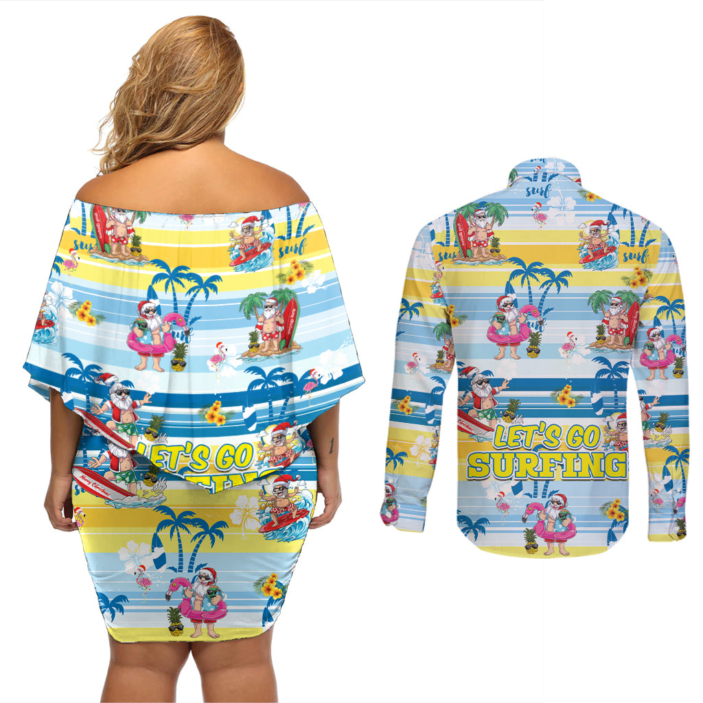 surfing-christmas-couples-matching-off-shoulder-short-dress-and-long-sleeve-button-shirt-tropical-santa-lets-go-surfing