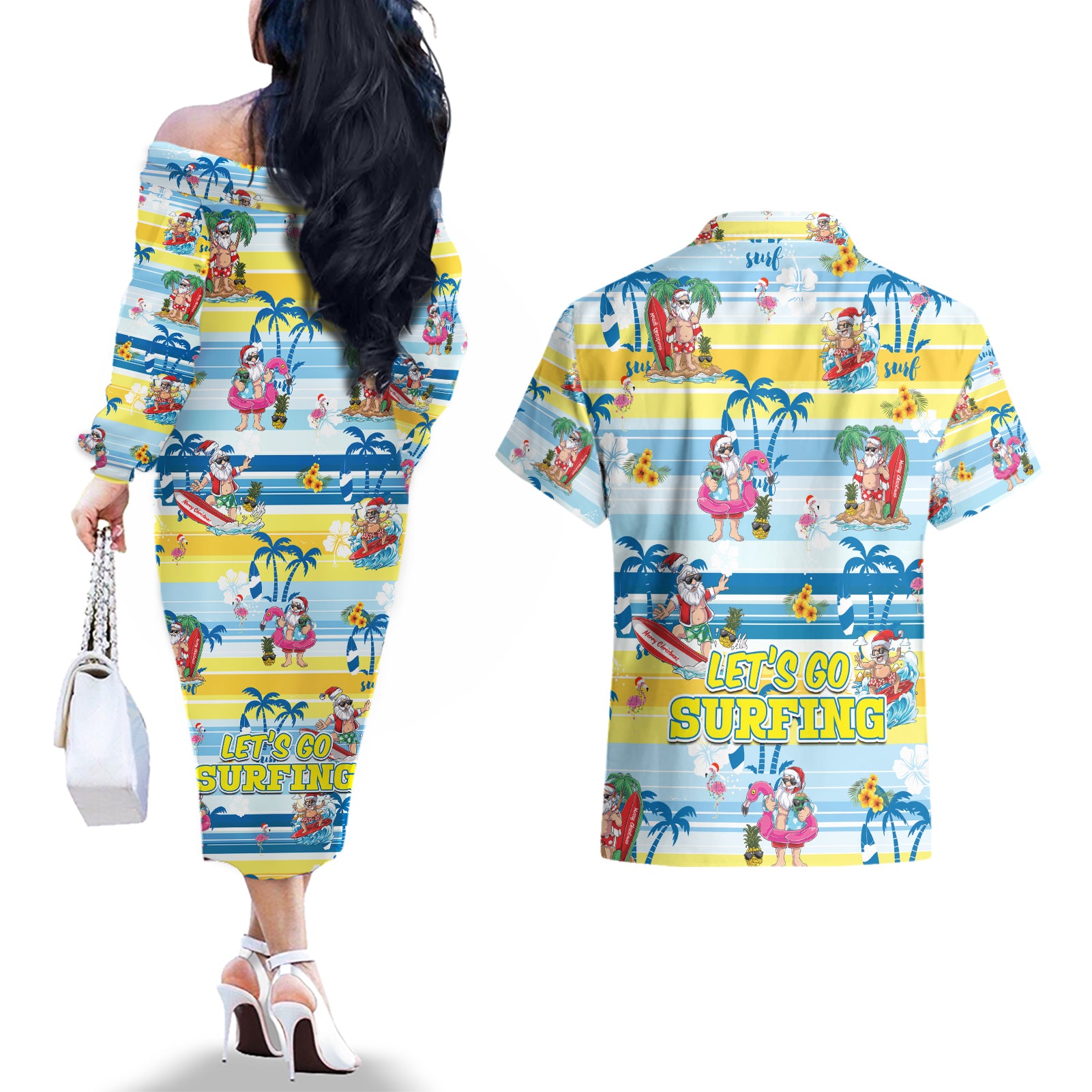 surfing-christmas-couples-matching-off-the-shoulder-long-sleeve-dress-and-hawaiian-shirt-tropical-santa-lets-go-surfing