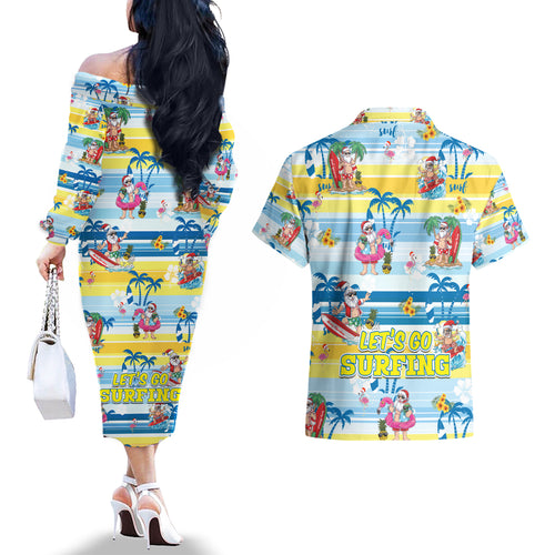 surfing-christmas-couples-matching-off-the-shoulder-long-sleeve-dress-and-hawaiian-shirt-tropical-santa-lets-go-surfing