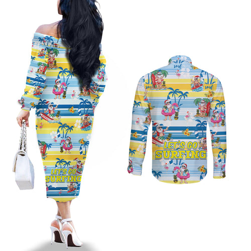surfing-christmas-couples-matching-off-the-shoulder-long-sleeve-dress-and-long-sleeve-button-shirt-tropical-santa-lets-go-surfing