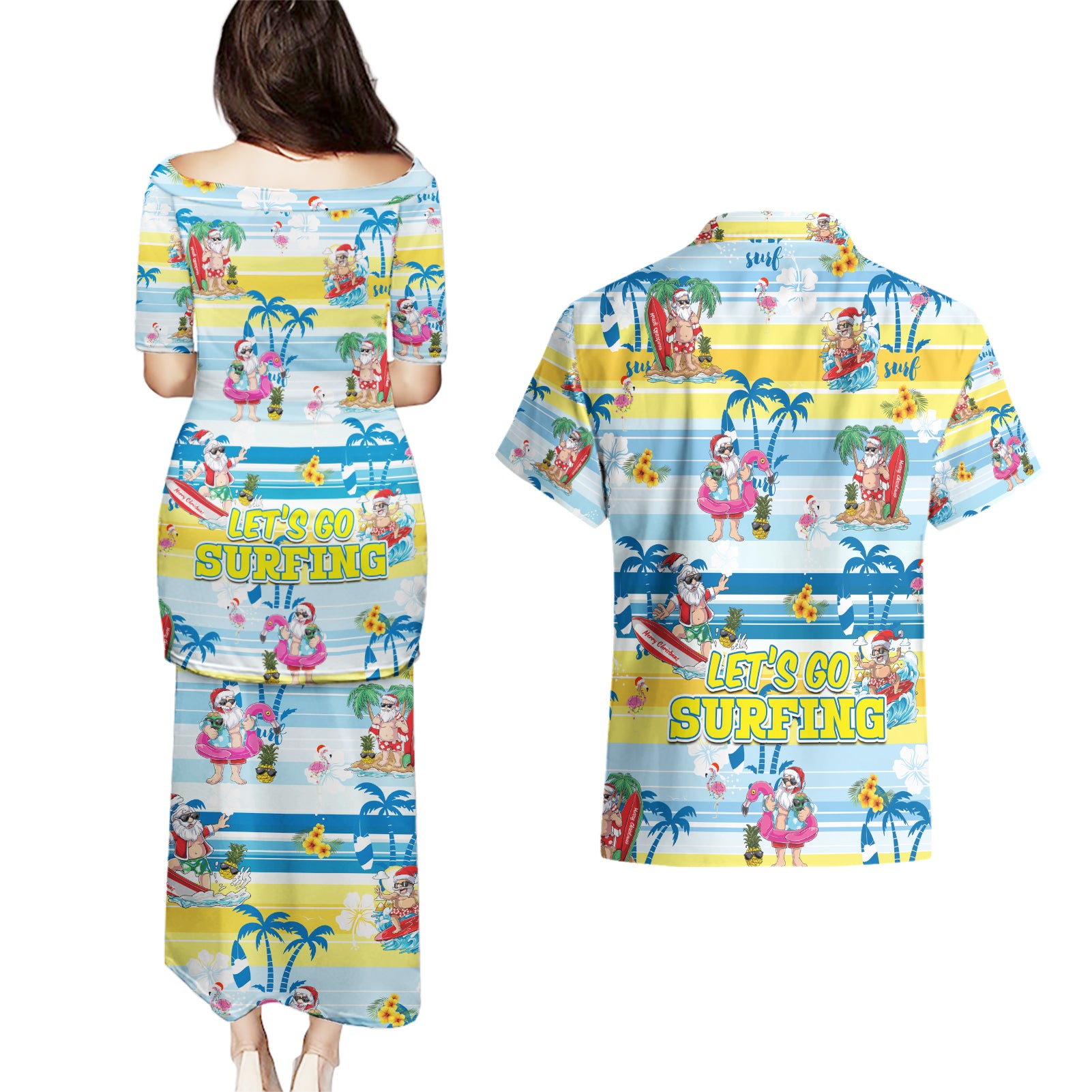 surfing-christmas-couples-matching-puletasi-dress-and-hawaiian-shirt-tropical-santa-lets-go-surfing