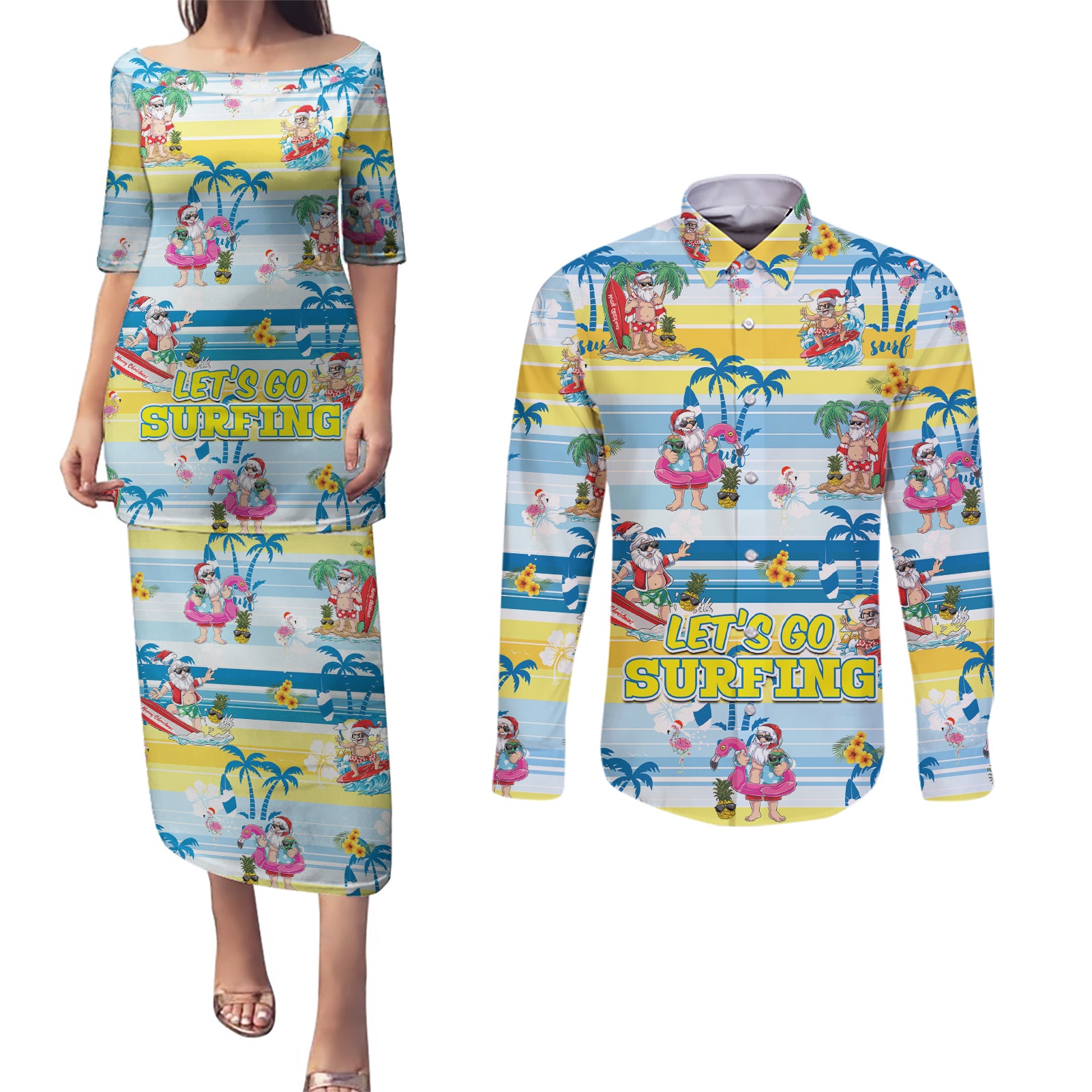 surfing-christmas-couples-matching-puletasi-dress-and-long-sleeve-button-shirt-tropical-santa-lets-go-surfing