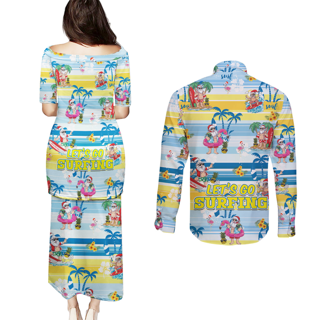 surfing-christmas-couples-matching-puletasi-dress-and-long-sleeve-button-shirt-tropical-santa-lets-go-surfing