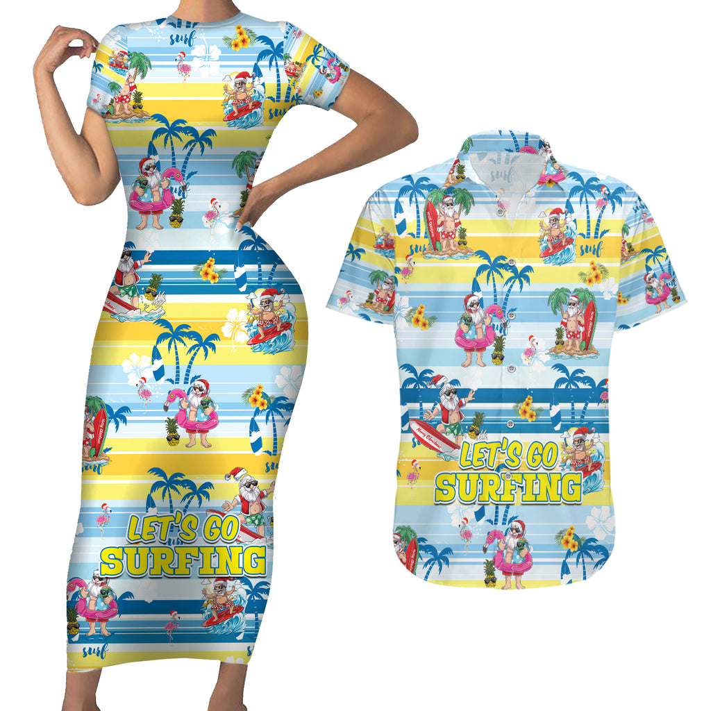 surfing-christmas-couples-matching-short-sleeve-bodycon-dress-and-hawaiian-shirt-tropical-santa-lets-go-surfing