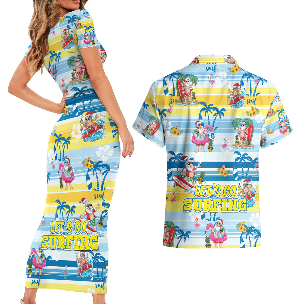 surfing-christmas-couples-matching-short-sleeve-bodycon-dress-and-hawaiian-shirt-tropical-santa-lets-go-surfing