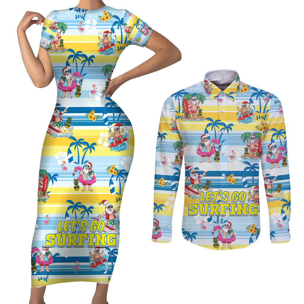 surfing-christmas-couples-matching-short-sleeve-bodycon-dress-and-long-sleeve-button-shirt-tropical-santa-lets-go-surfing