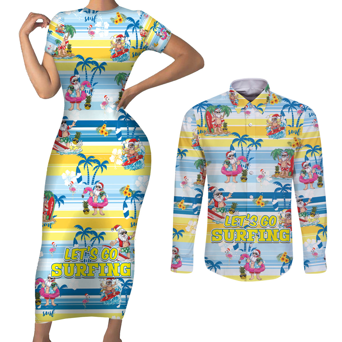 surfing-christmas-couples-matching-short-sleeve-bodycon-dress-and-long-sleeve-button-shirt-tropical-santa-lets-go-surfing
