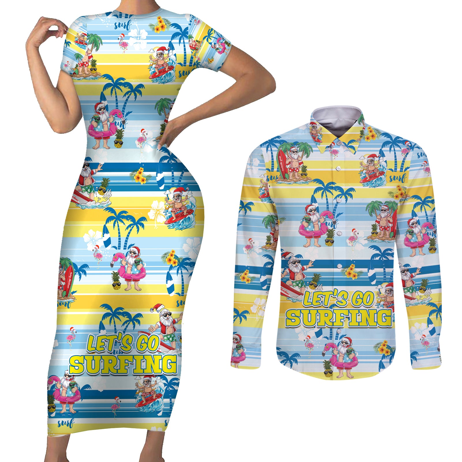 surfing-christmas-couples-matching-short-sleeve-bodycon-dress-and-long-sleeve-button-shirt-tropical-santa-lets-go-surfing
