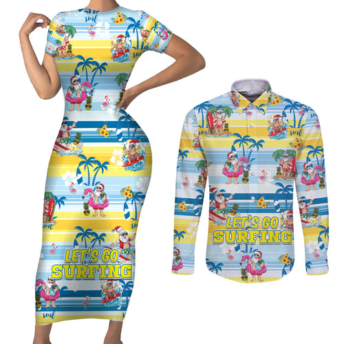 surfing-christmas-couples-matching-short-sleeve-bodycon-dress-and-long-sleeve-button-shirt-tropical-santa-lets-go-surfing