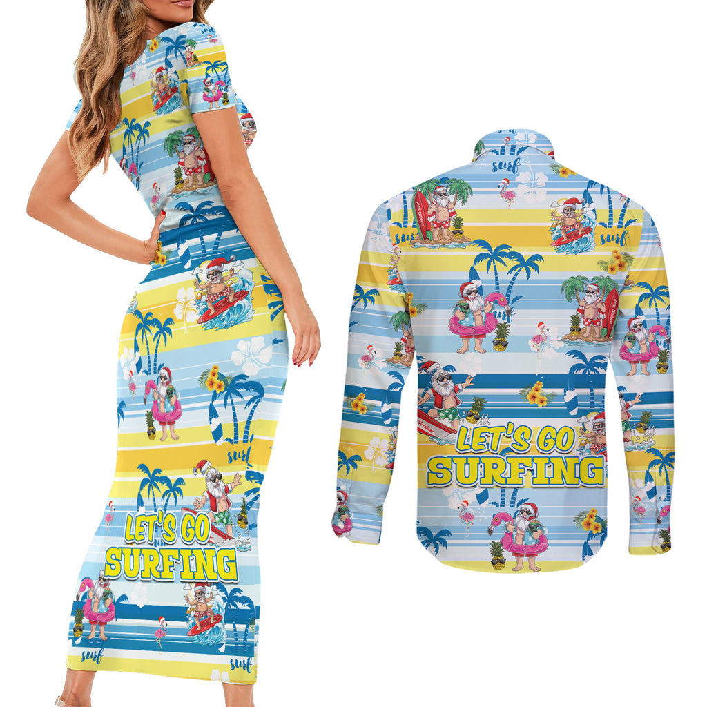 surfing-christmas-couples-matching-short-sleeve-bodycon-dress-and-long-sleeve-button-shirt-tropical-santa-lets-go-surfing