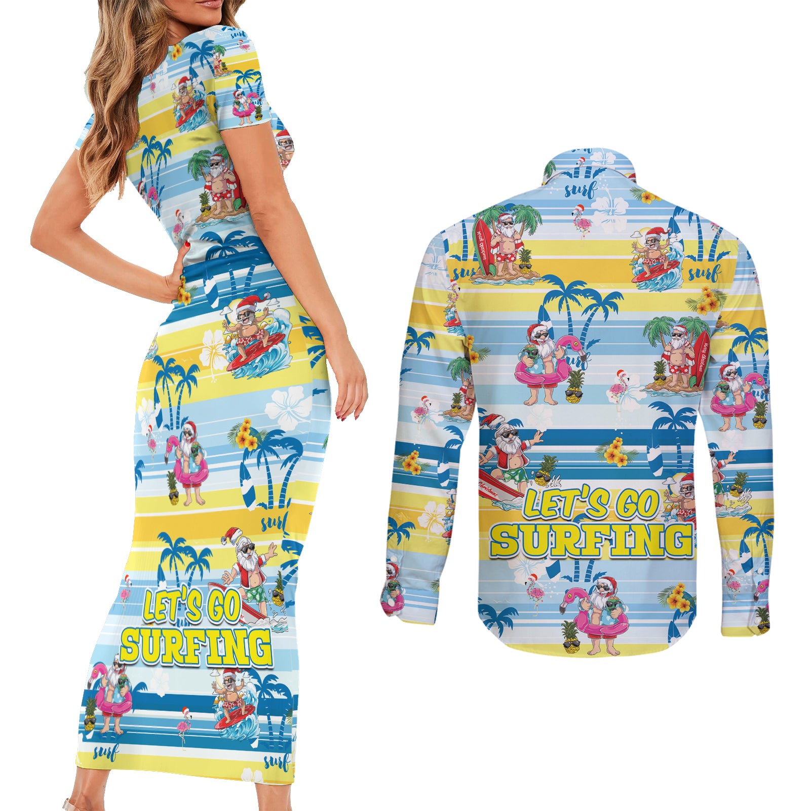 surfing-christmas-couples-matching-short-sleeve-bodycon-dress-and-long-sleeve-button-shirt-tropical-santa-lets-go-surfing
